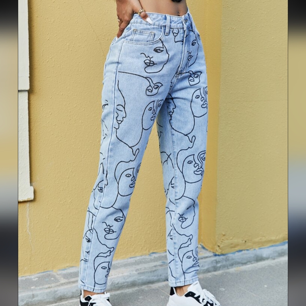 Abstract Face Print White Jeans